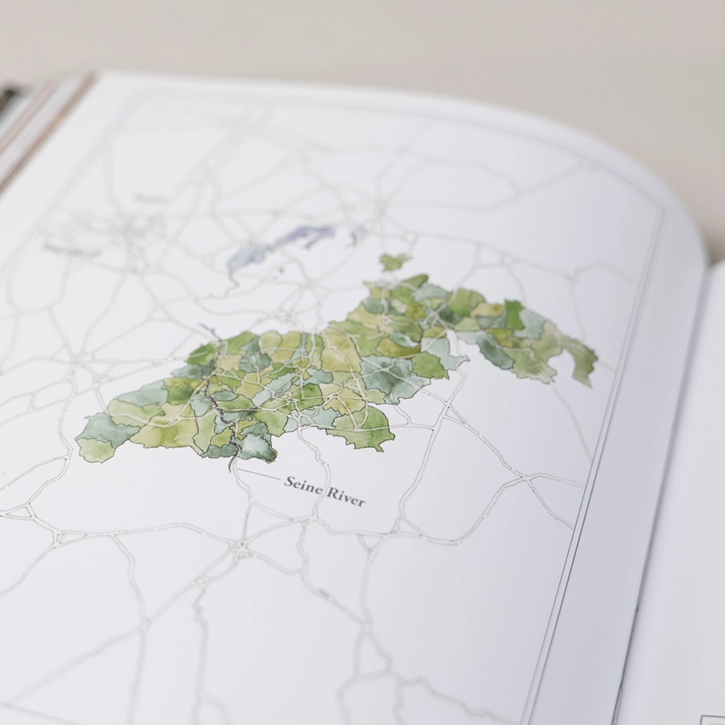 An interior spread, with a map of a champagne-growing region.